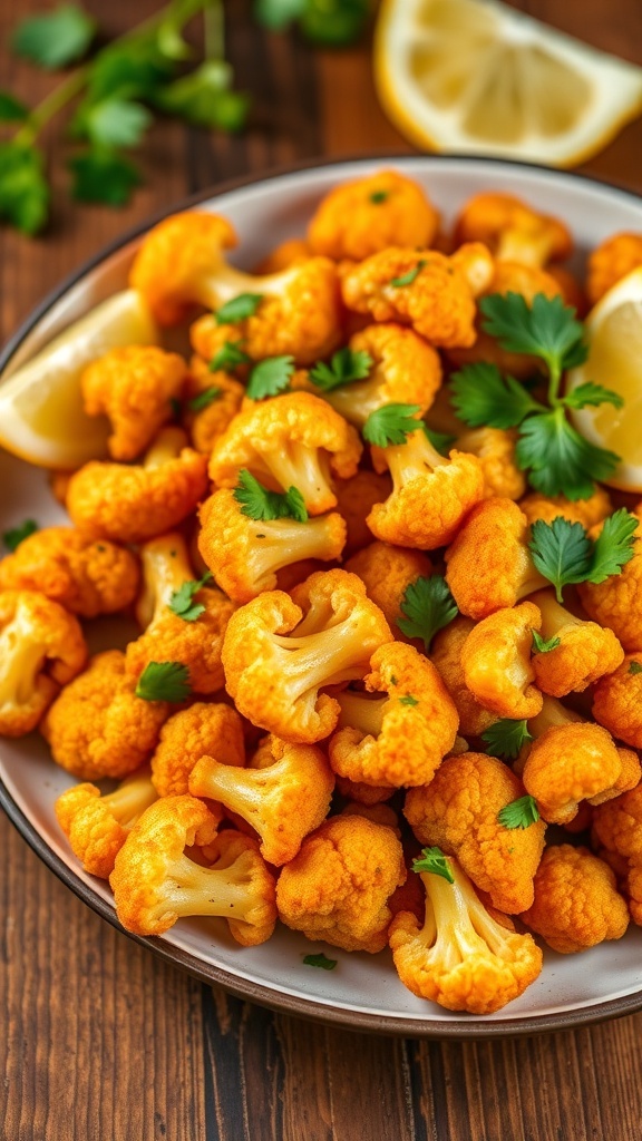 Crispy Cauliflower 65 served on a plate, garnished with coriander and lemon wedges.